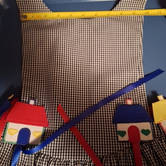 Chocolate Soup Girls Apron Style Dress Black Gingham Houses Ribbon Sz 8 Vintage - Picture 14 of 15